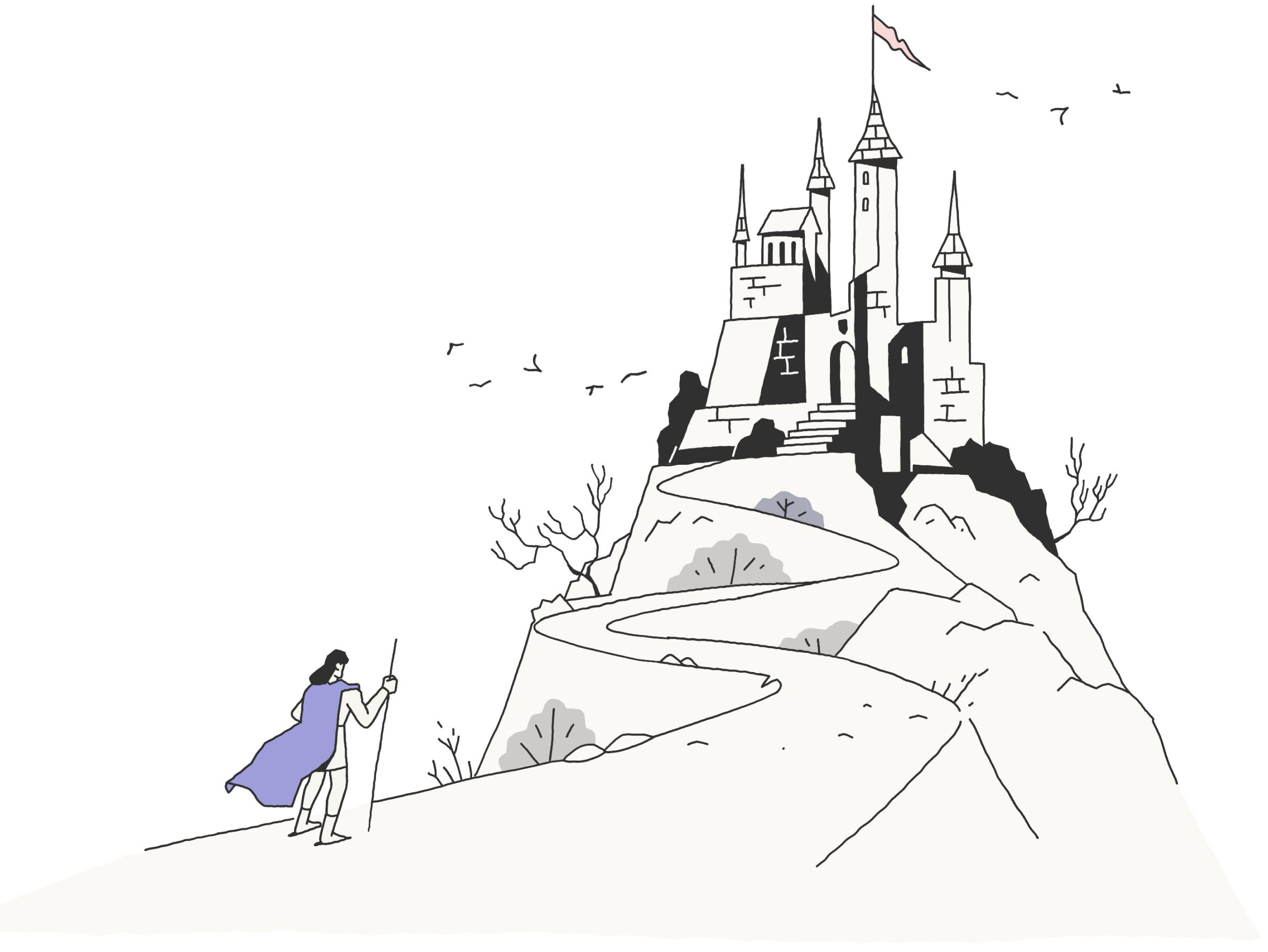 A knight on a path toward a distant castle